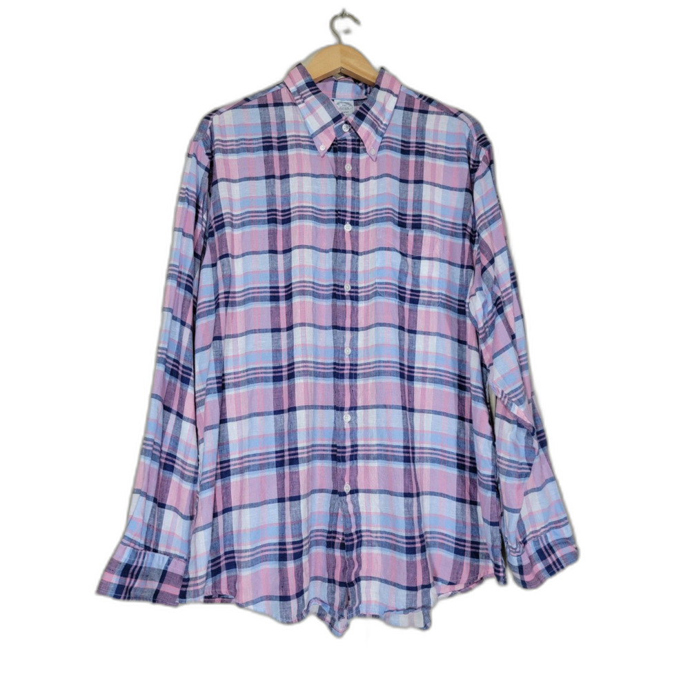 Men's Brooks Brothers Regent Irish Linen Plaid Long Sleeve Button Shirt- XXL 2XL